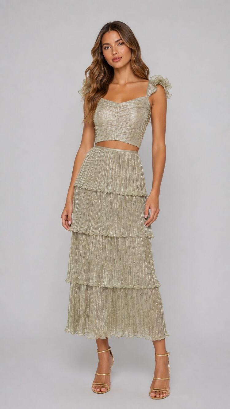 Saylor Gianna Platinum Metallic Tiered Skirt Set Ruffle Crop Top Size Medium